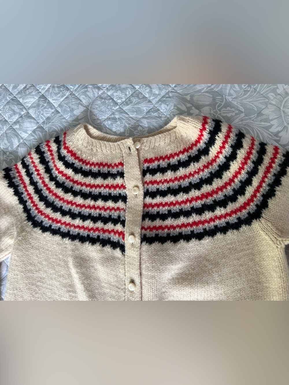 Cream Button Up Cardigan with Black, Gray and Red Stripe Design - Picture 2 of 8